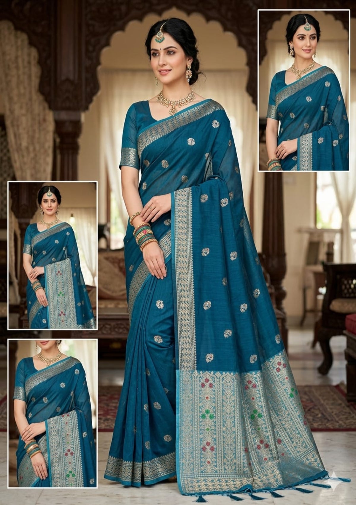Designer Midnight Navy & Powder Blue Banarasi Organza Soft Silk Saree with Antique Silver Zari Jaal Work - D00029