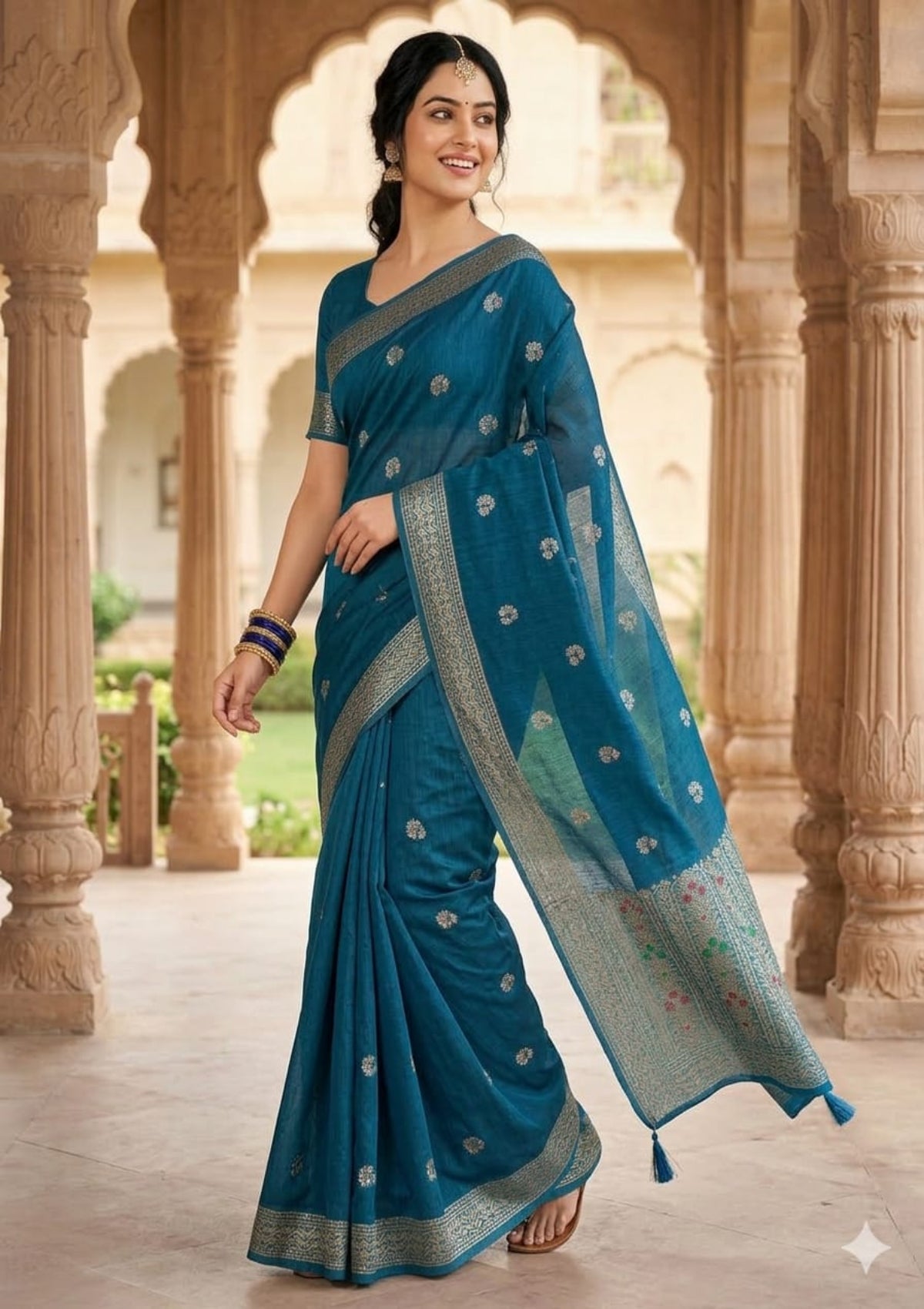 Designer Midnight Navy & Powder Blue Banarasi Organza Soft Silk Saree with Antique Silver Zari Jaal Work - D00029