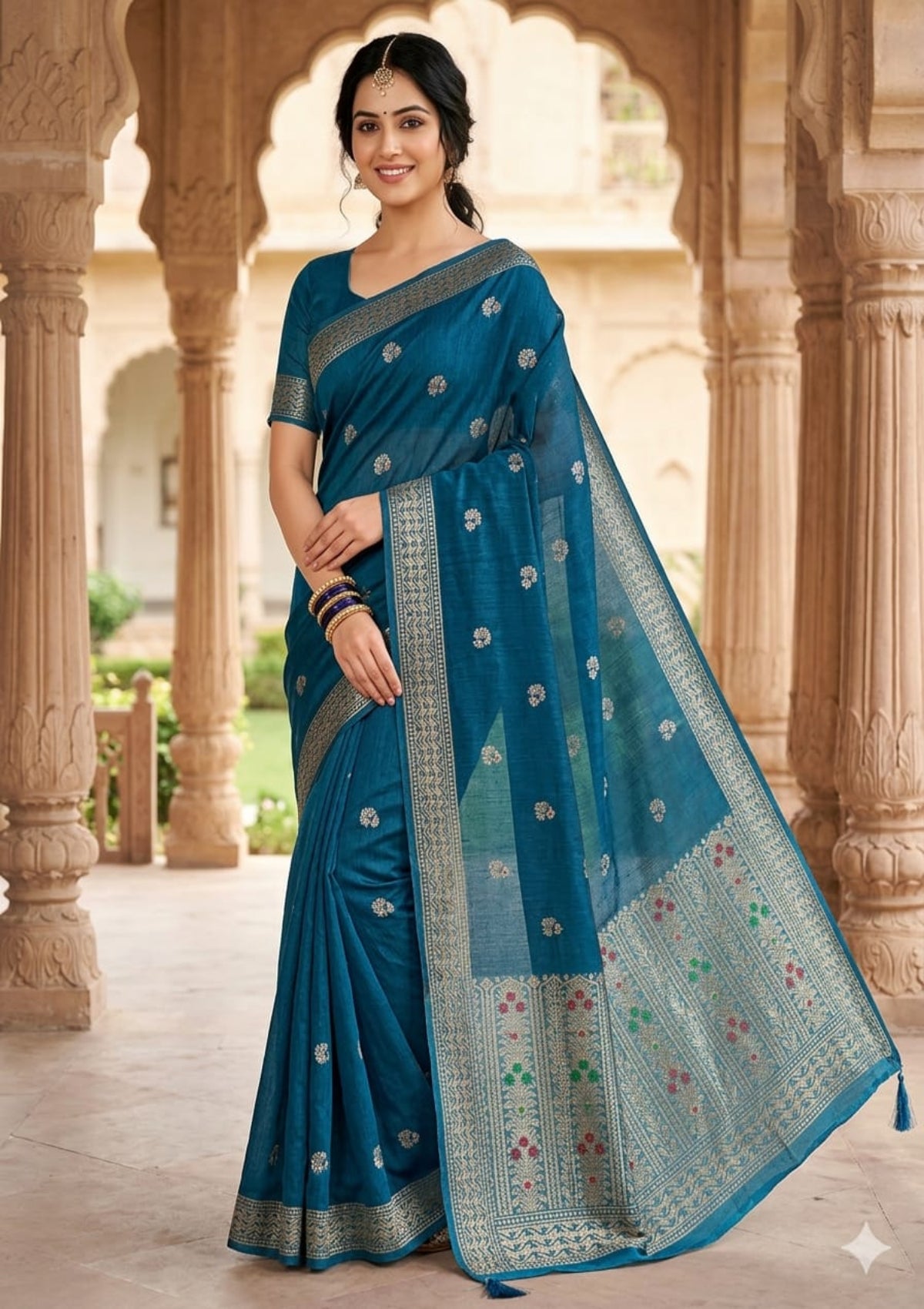Designer Midnight Navy & Powder Blue Banarasi Organza Soft Silk Saree with Antique Silver Zari Jaal Work - D00029