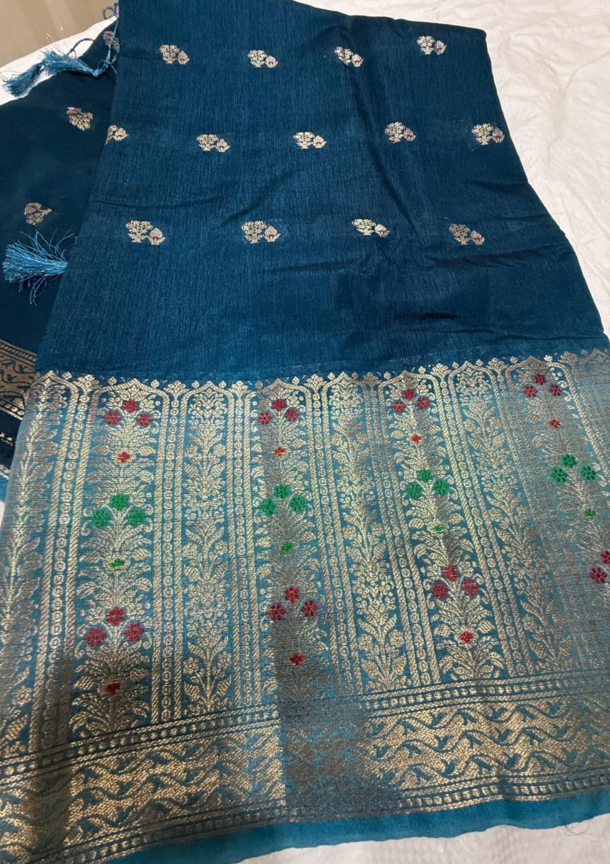 Designer Midnight Navy & Powder Blue Banarasi Organza Soft Silk Saree with Antique Silver Zari Jaal Work - D00029