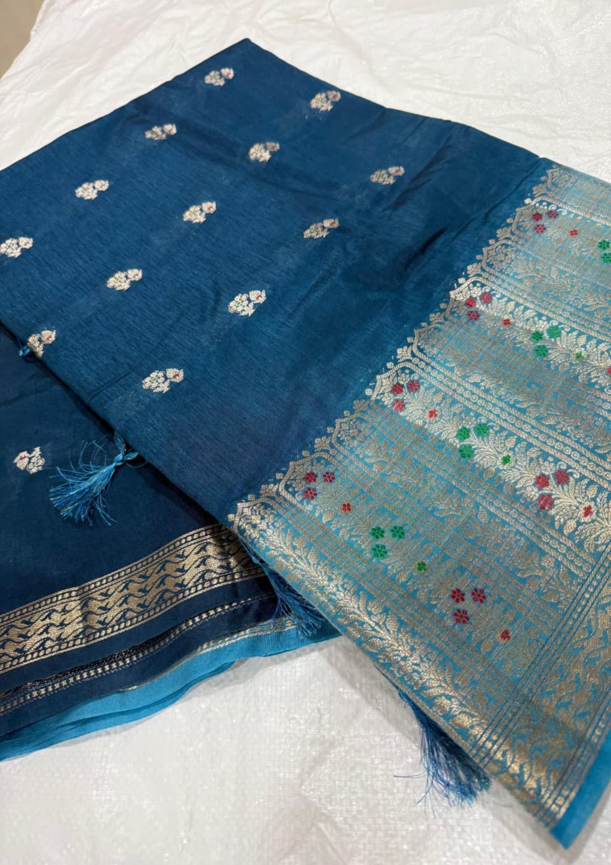 Designer Midnight Navy & Powder Blue Banarasi Organza Soft Silk Saree with Antique Silver Zari Jaal Work - D00029