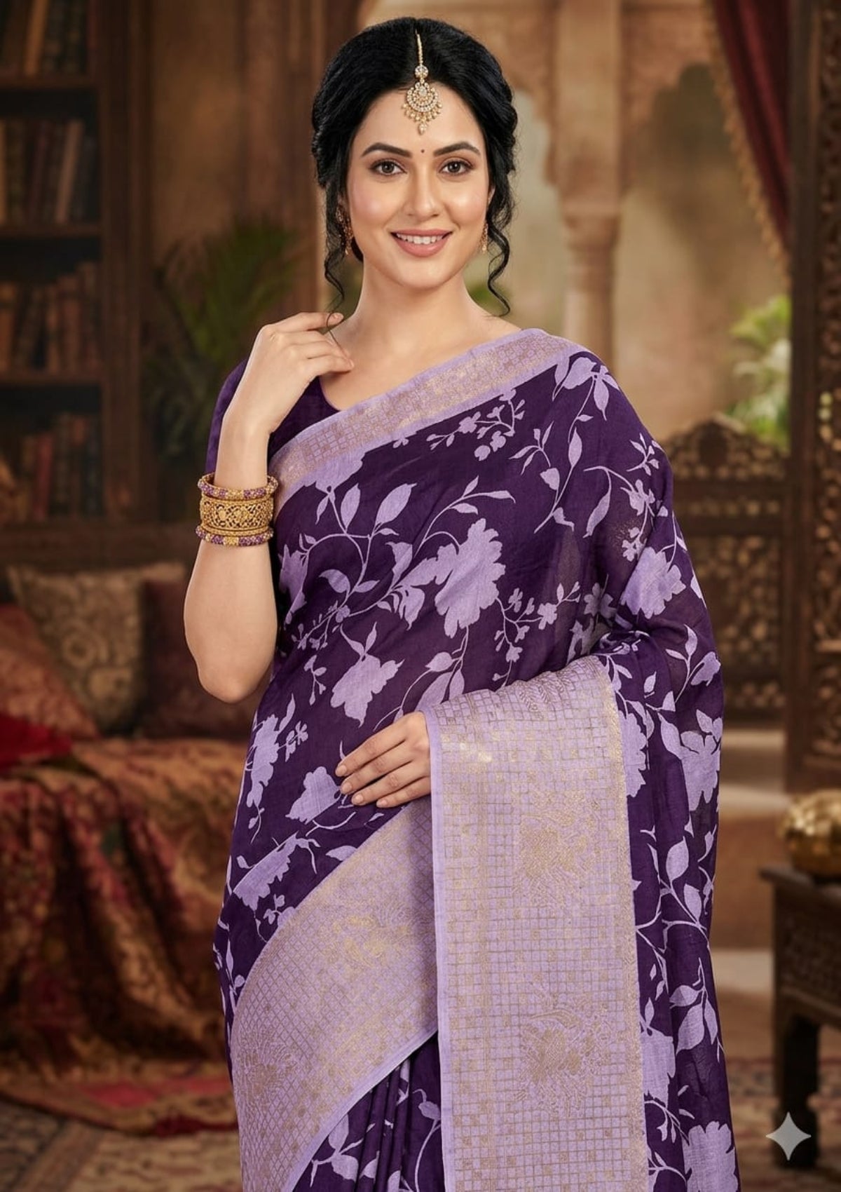 Midnight Black & Rose Gold Banarasi Soft Silk Saree with Elegant Floral Jaal and Tassel Detail- D00027