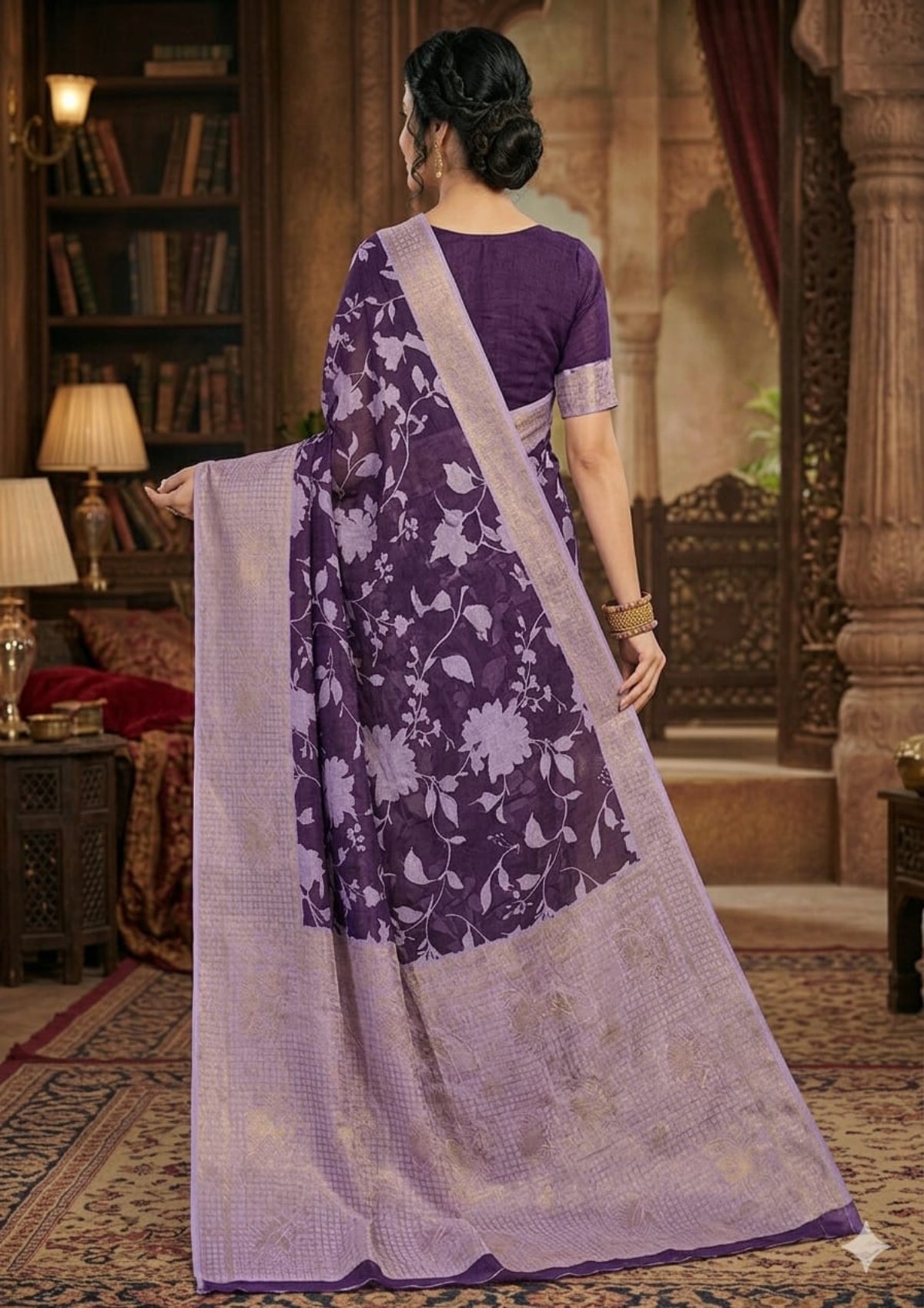 Midnight Black & Rose Gold Banarasi Soft Silk Saree with Elegant Floral Jaal and Tassel Detail- D00027