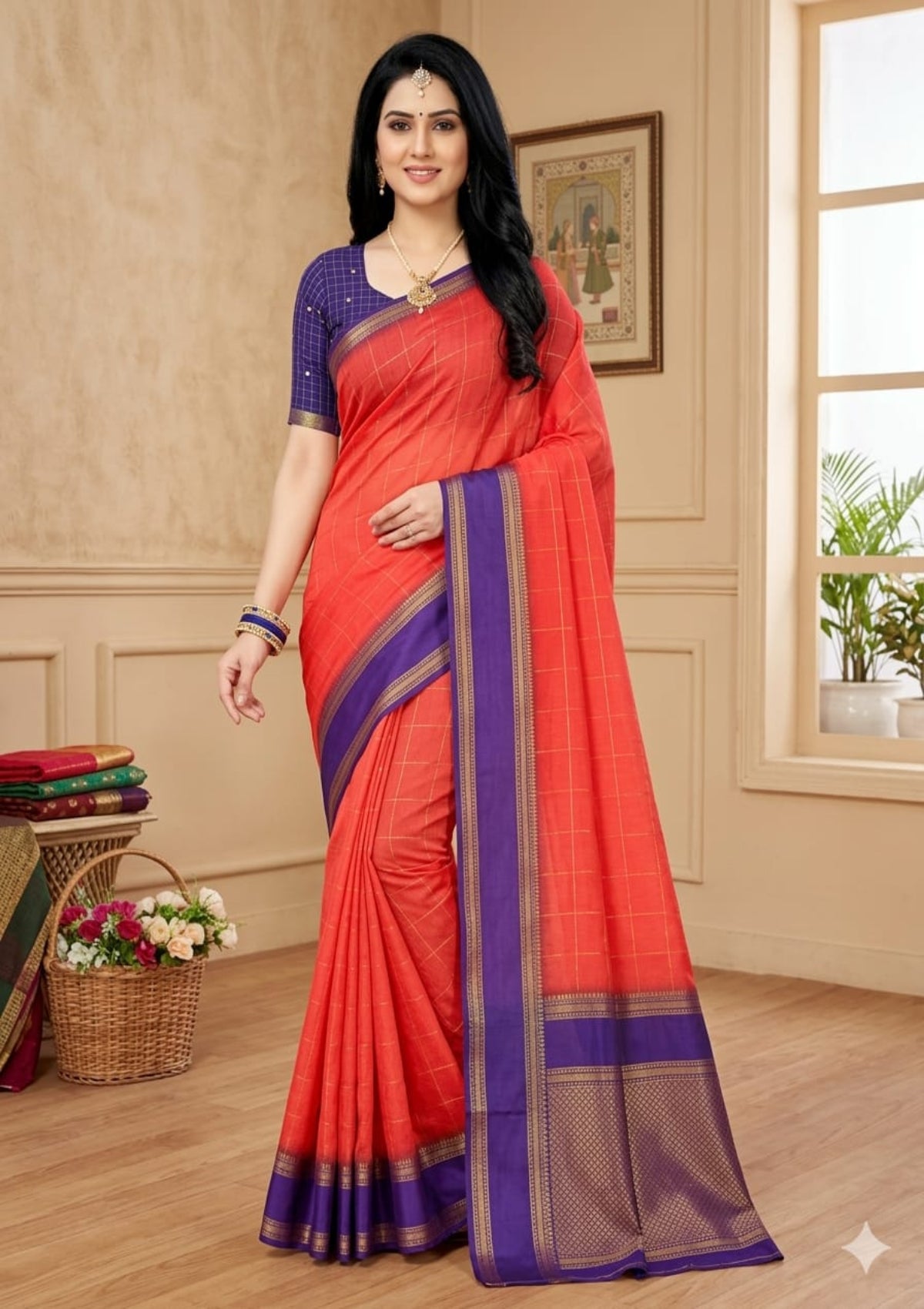 Royal Magenta & Forest Green Banarasi Soft Silk Saree with Antique Gold Zari Floral Jaal and Tassels - D00025