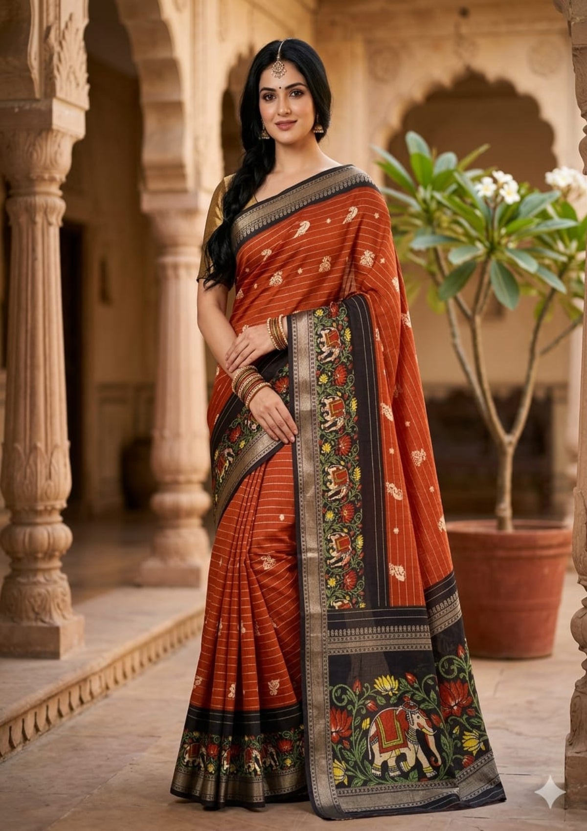 Banarasi Soft Silk Saree with Antique Gold Zari Weaving and Floral Butti - D00024