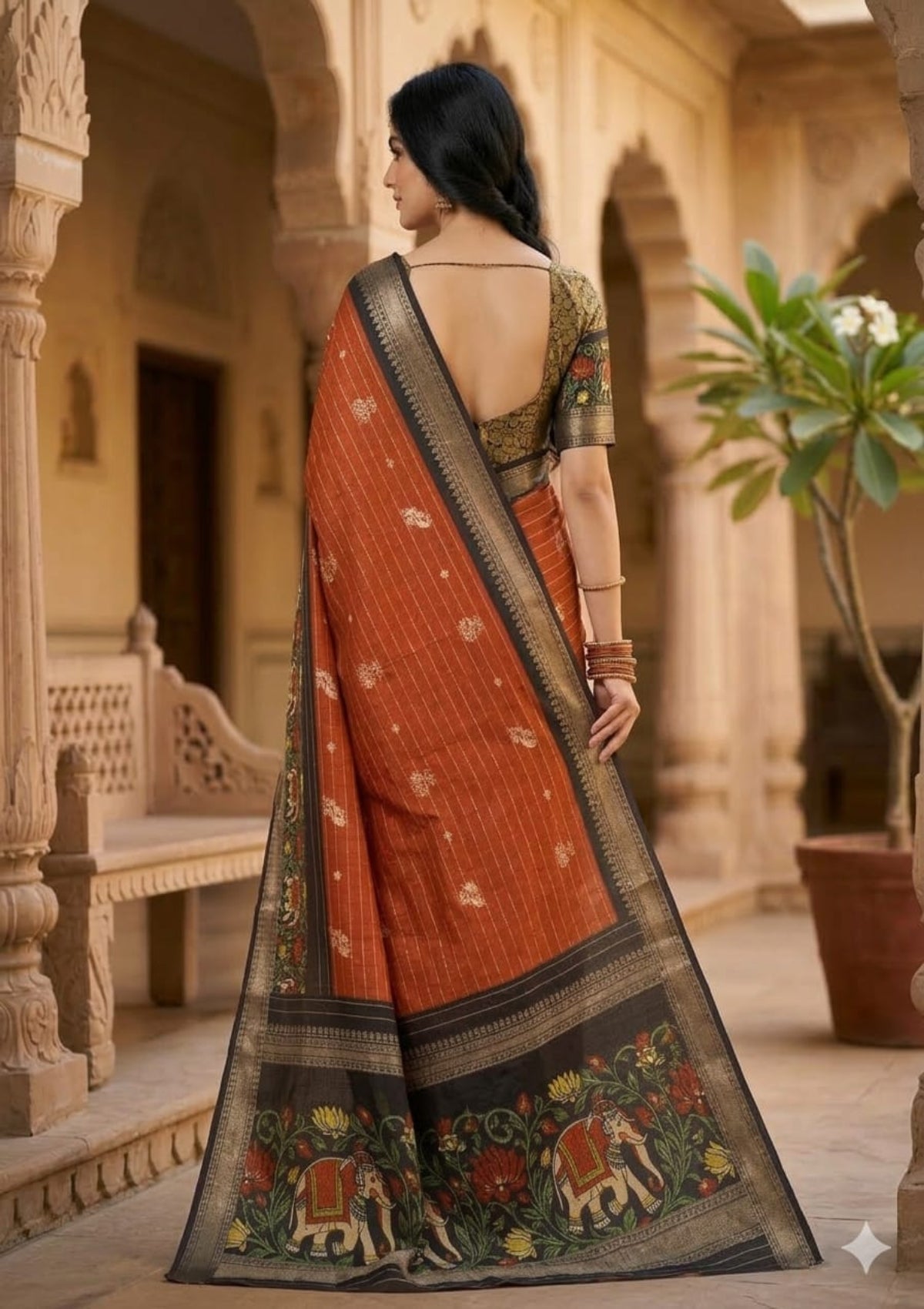 Banarasi Soft Silk Saree with Antique Gold Zari Weaving and Floral Butti - D00024
