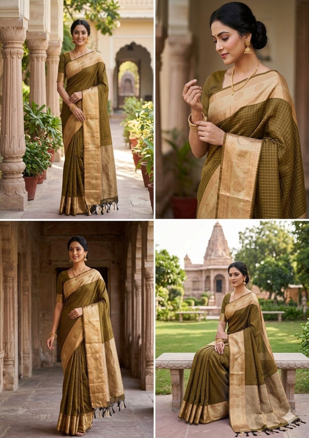 Olive Green & Beige Chanderi Silk Saree - D00055
