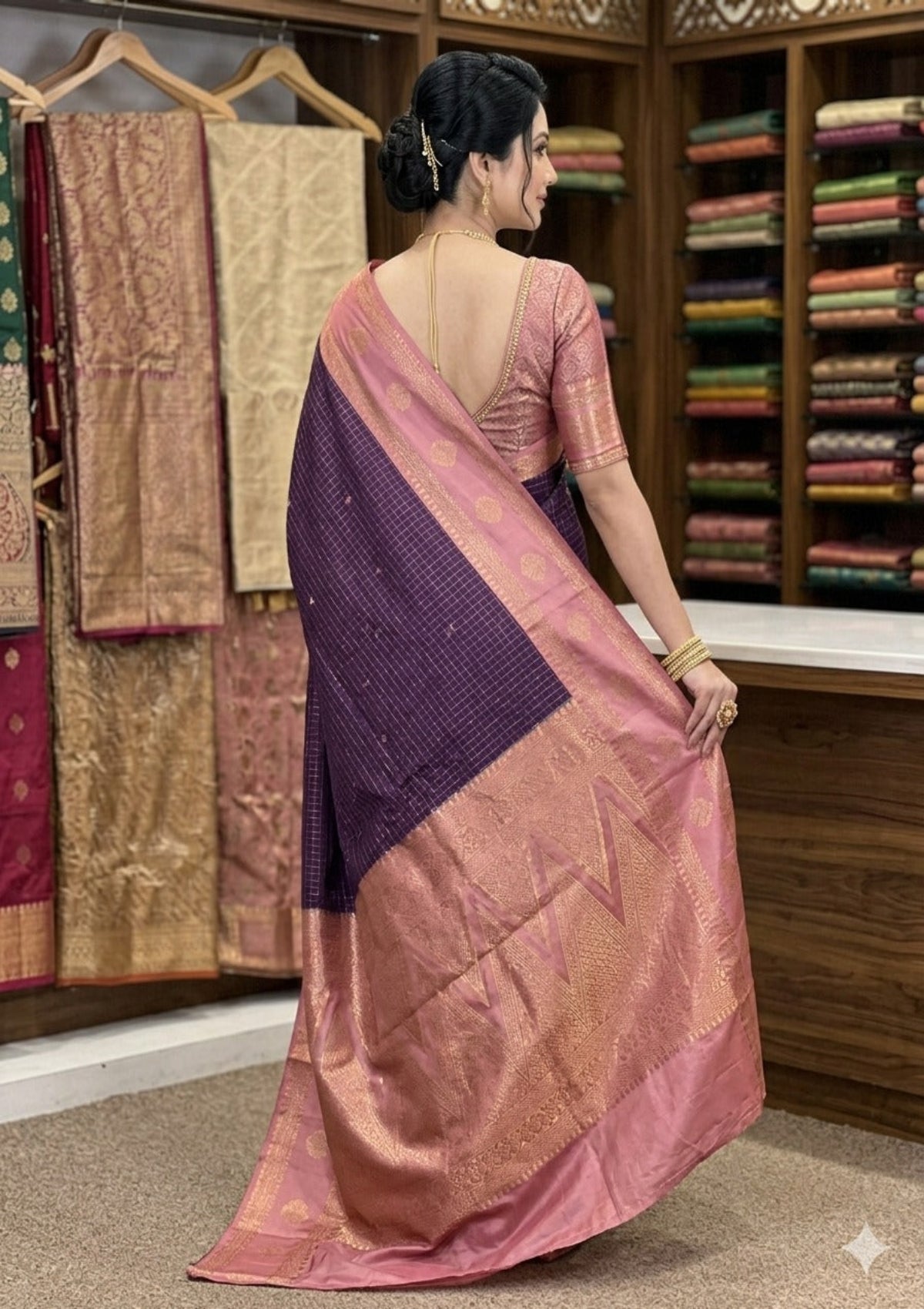 Elegant Wine & Charcoal Grey Chanderi Silk Saree - D00042