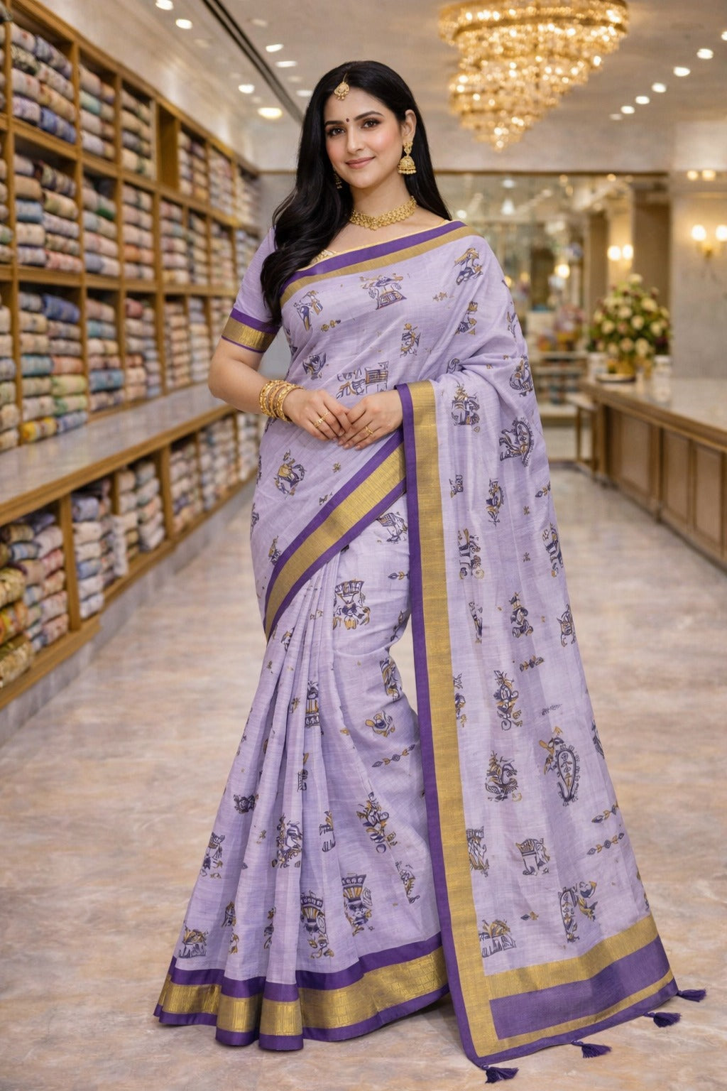 Lavender Traditional Printed Saree with Purple & Gold Border - D00029