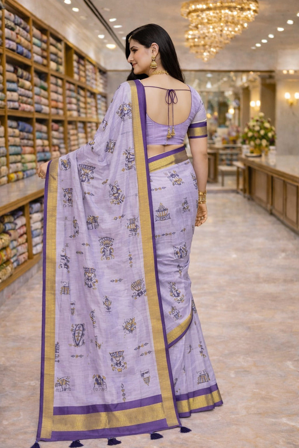 Lavender Traditional Printed Saree with Purple & Gold Border - D00029