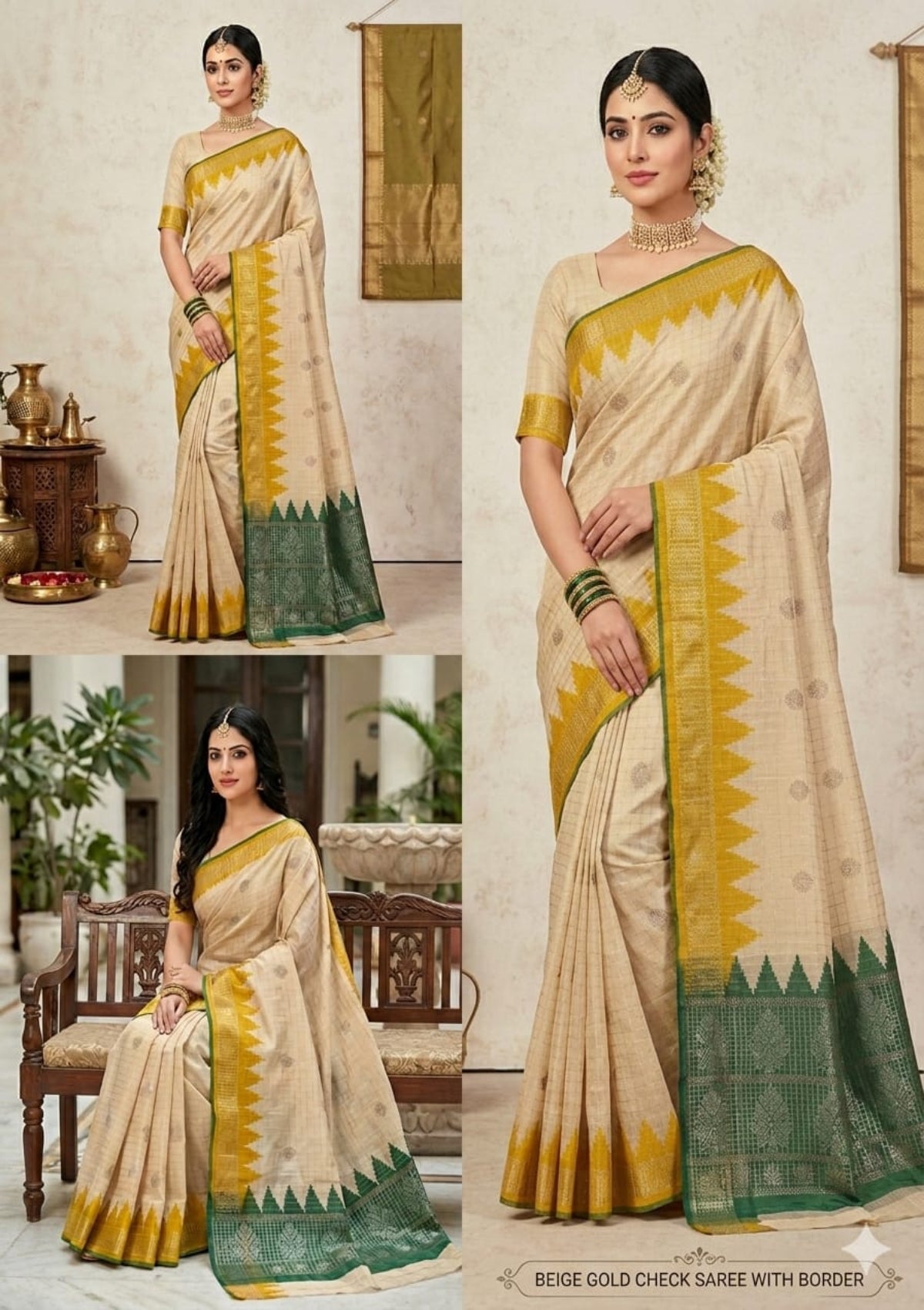 Beige Gold Checkered Saree with Contrast Temple Borders & Woven Zari Accents - D00037