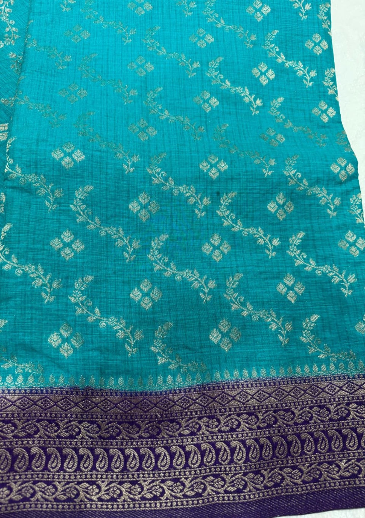 Teal Blue Cotton Linen Saree with Silver Zari Butti & Contrast Purple Banarasi Border - D00033
