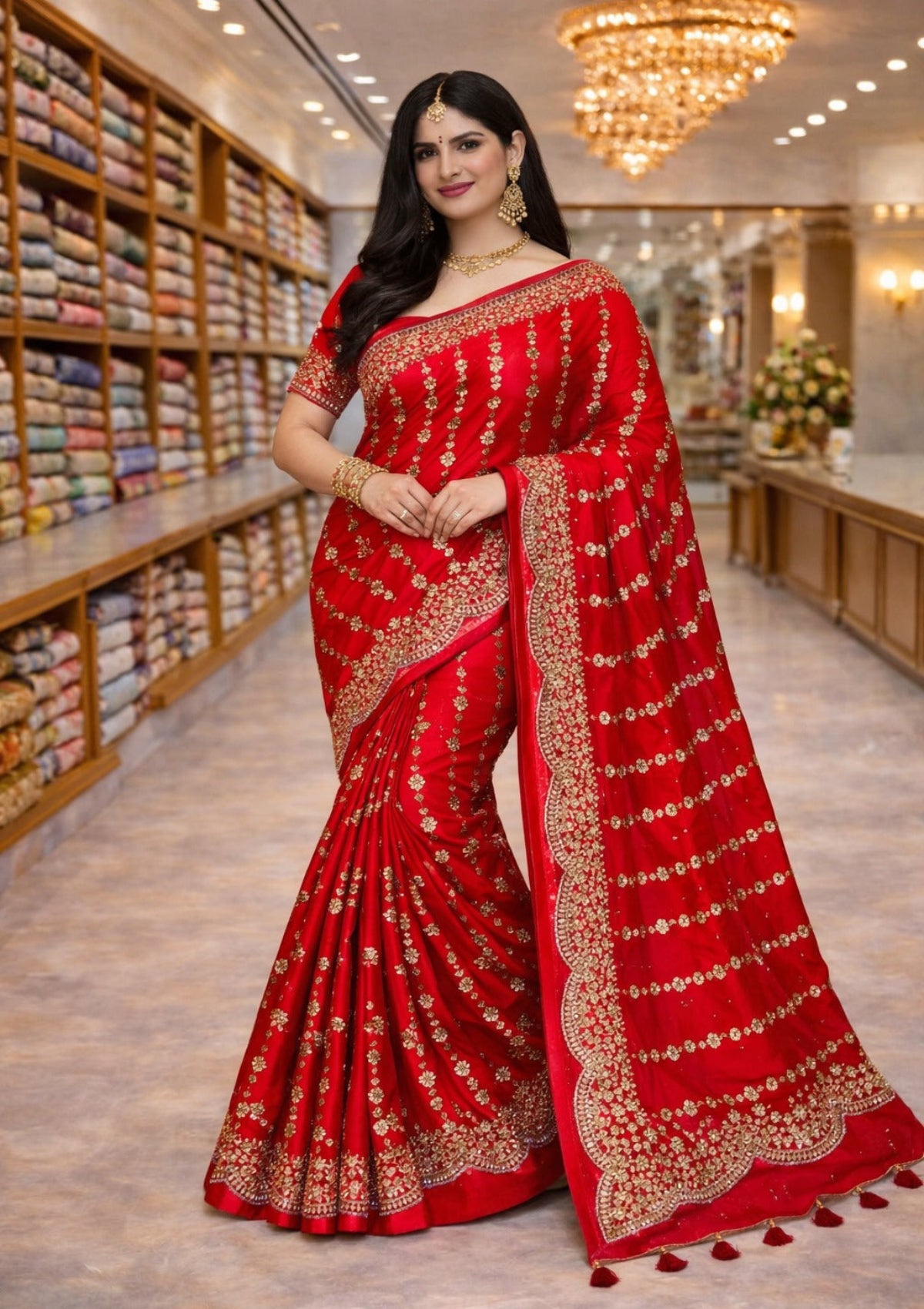 Radiant Red Sequin Embellished Designer Party Wear Saree - D00028