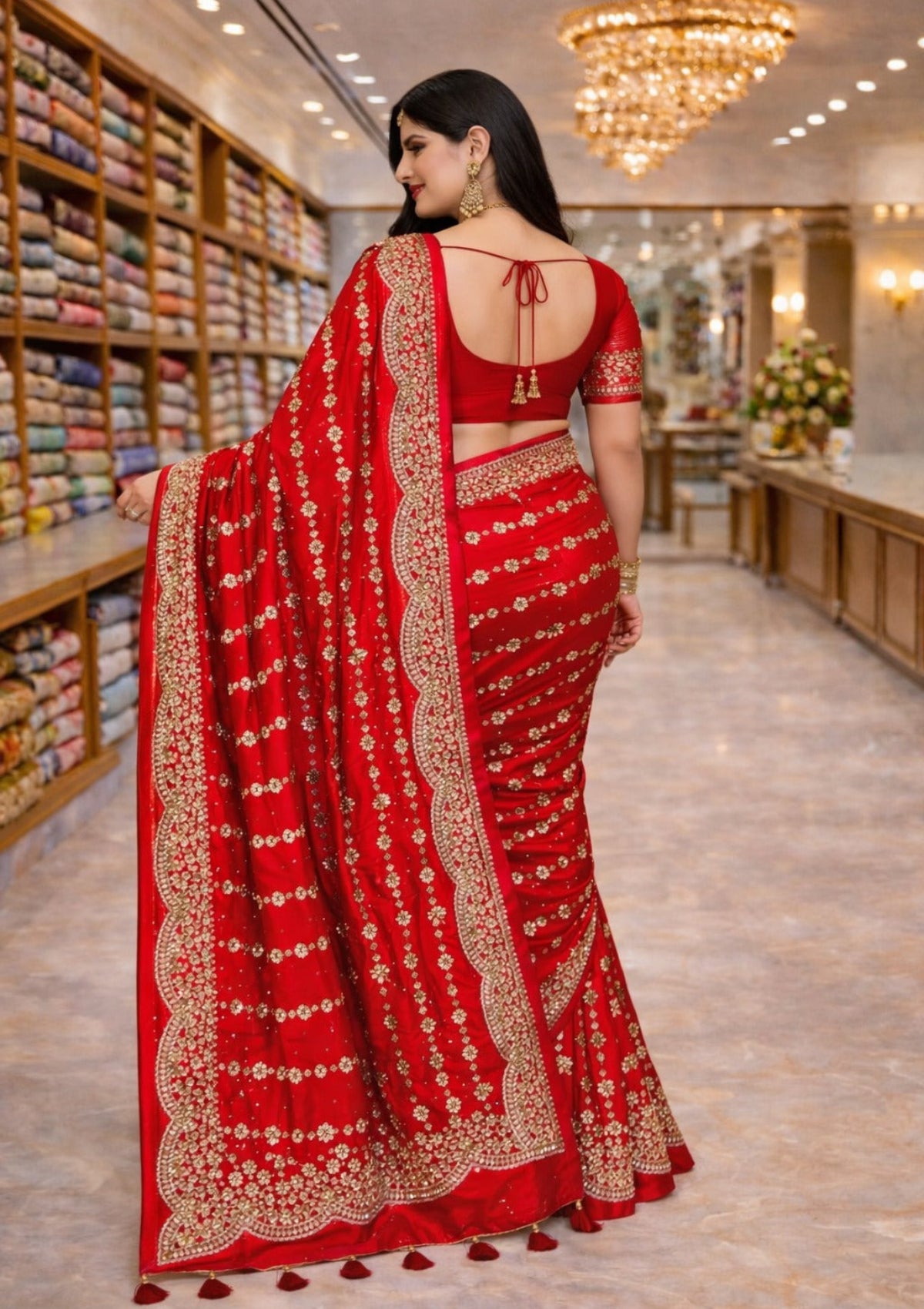 Radiant Red Sequin Embellished Designer Party Wear Saree - D00028
